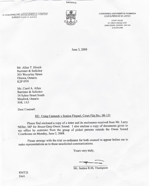 Larry Miller Mp Lobby Letter To Judge Superior Court Owen Sound 1166